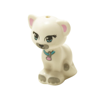 A LEGO Friends-style white cat minifigure with medium azure eyes, black nose, and a collar with a bright pink heart tag.