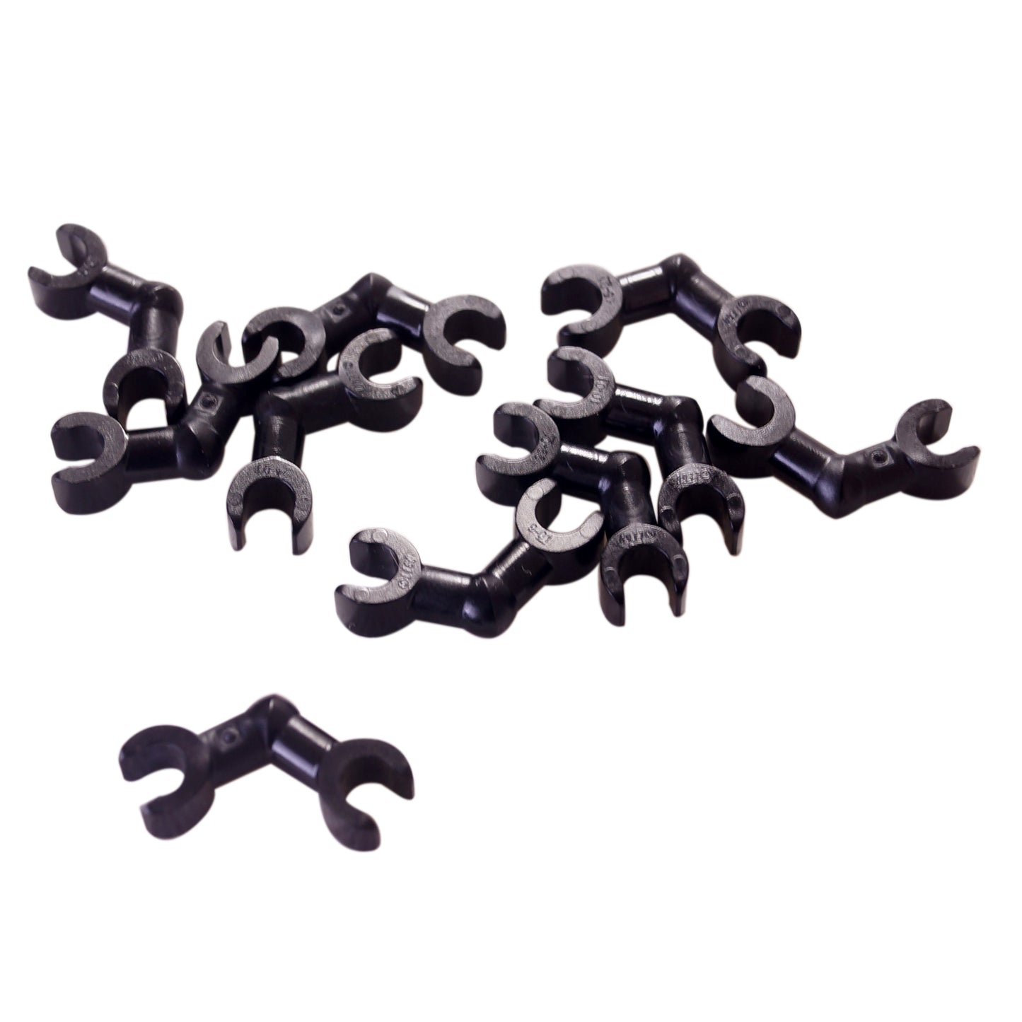 LEGO® Skeleton Arm with Horizontal Clips 93609 in black with a bent arm design and clip connections at both ends.