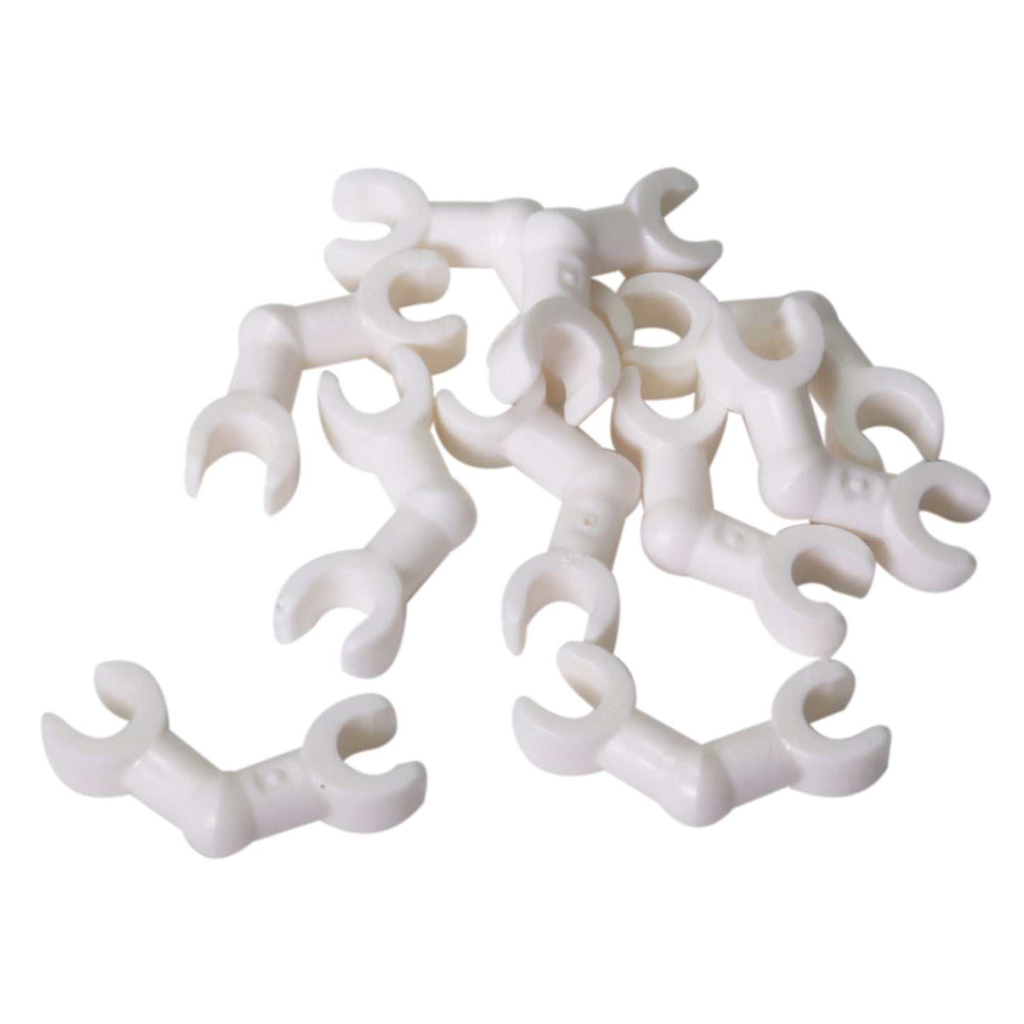 LEGO® Skeleton Arm with Horizontal Clips 93609 in white with a bent arm design and clip connections at both ends.