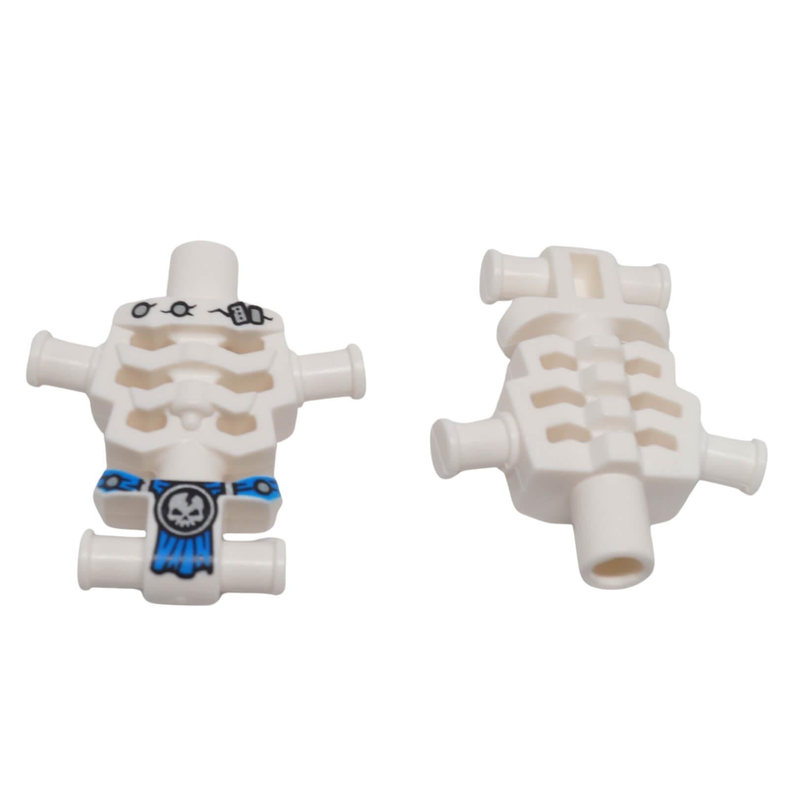 Front and back view of LEGO® skeleton torso 93060pb06 with angular rib cage and blue loincloth pattern