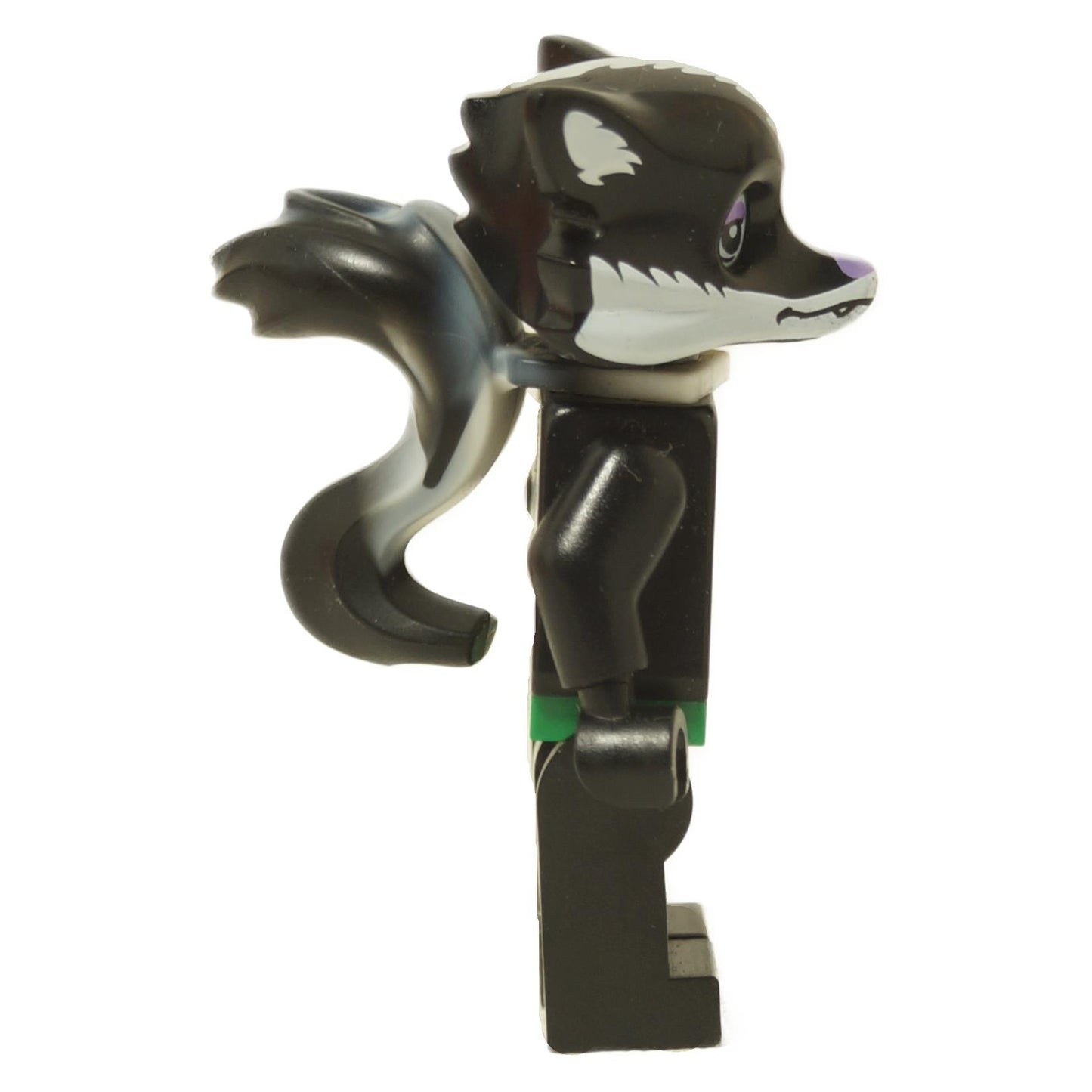 side profile view of LEGO Legends of Chima Skinnet minifigure with black and white skunk head purple nose and tail loc029
