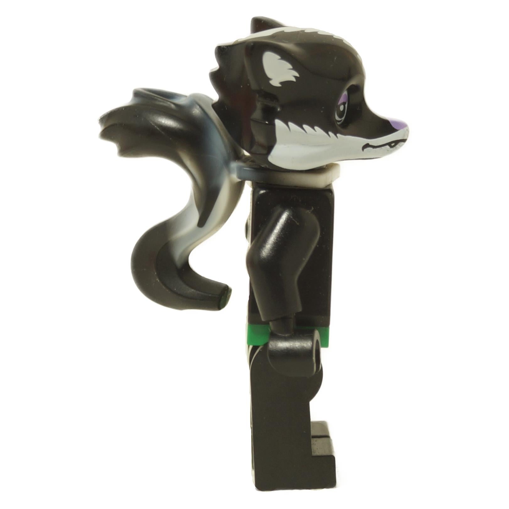 side profile view of LEGO Legends of Chima Skinnet minifigure with black and white skunk head purple nose and tail loc029

