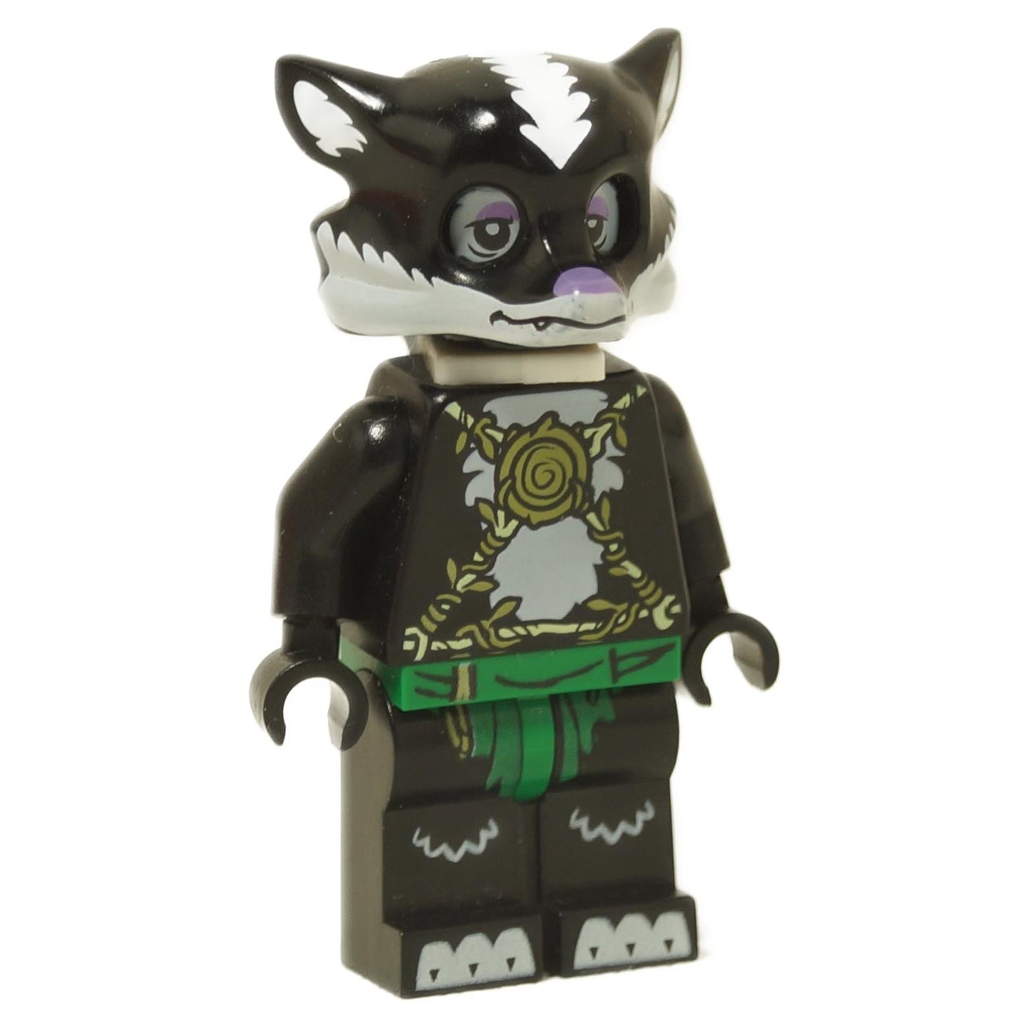 LEGO minifigure of a skunk warrior with tribal armor from the Legends of Chima series.
