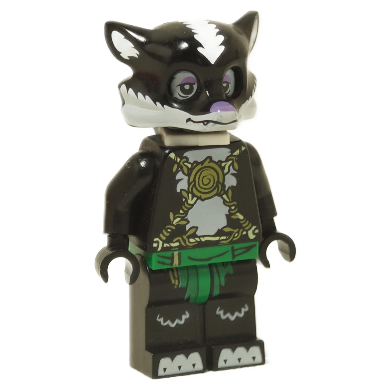 LEGO minifigure of a skunk warrior with tribal armor from the Legends of Chima series.
