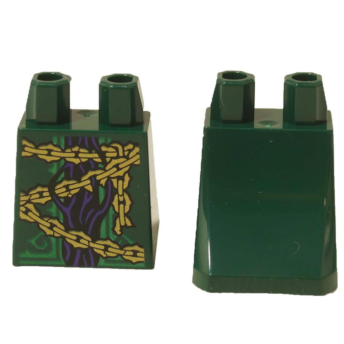  LEGO® Dark Green Skirt piece with a printed pattern of gold chains and purple vines. Front and back view.