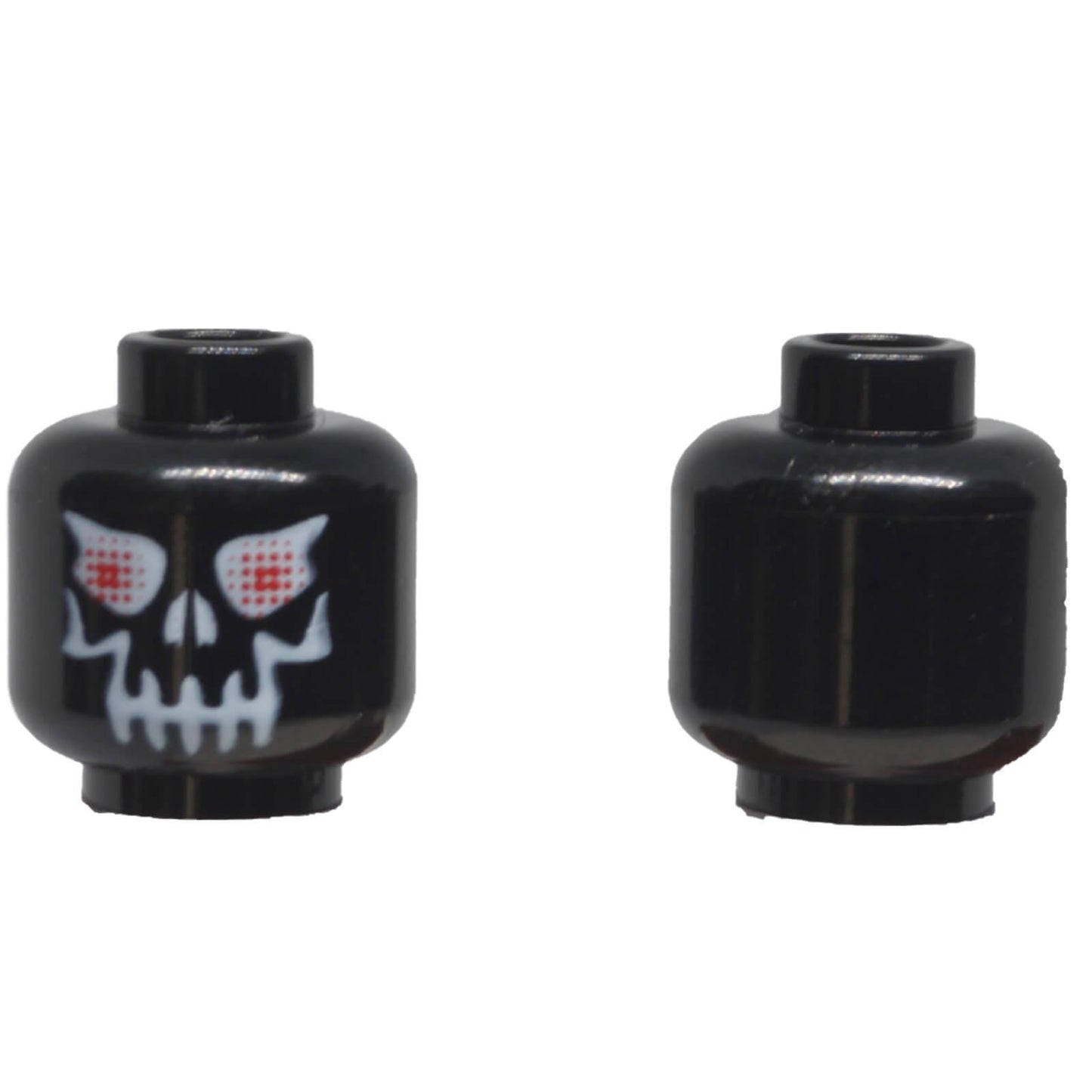 LEGO® black minifigure head 3626pb0233 with white skull print and red eyes.