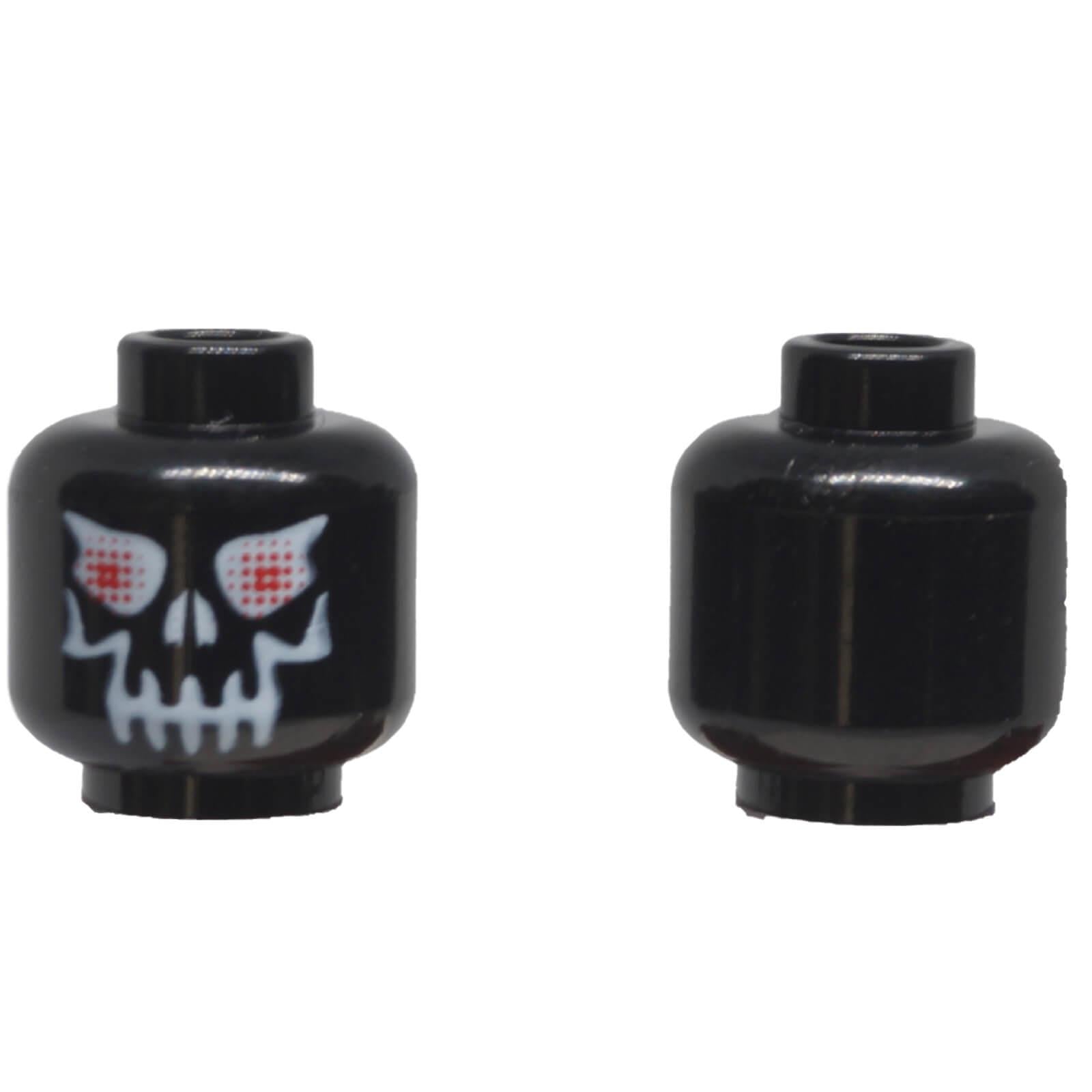 LEGO® black minifigure head 3626pb0233 with white skull print and red eyes.