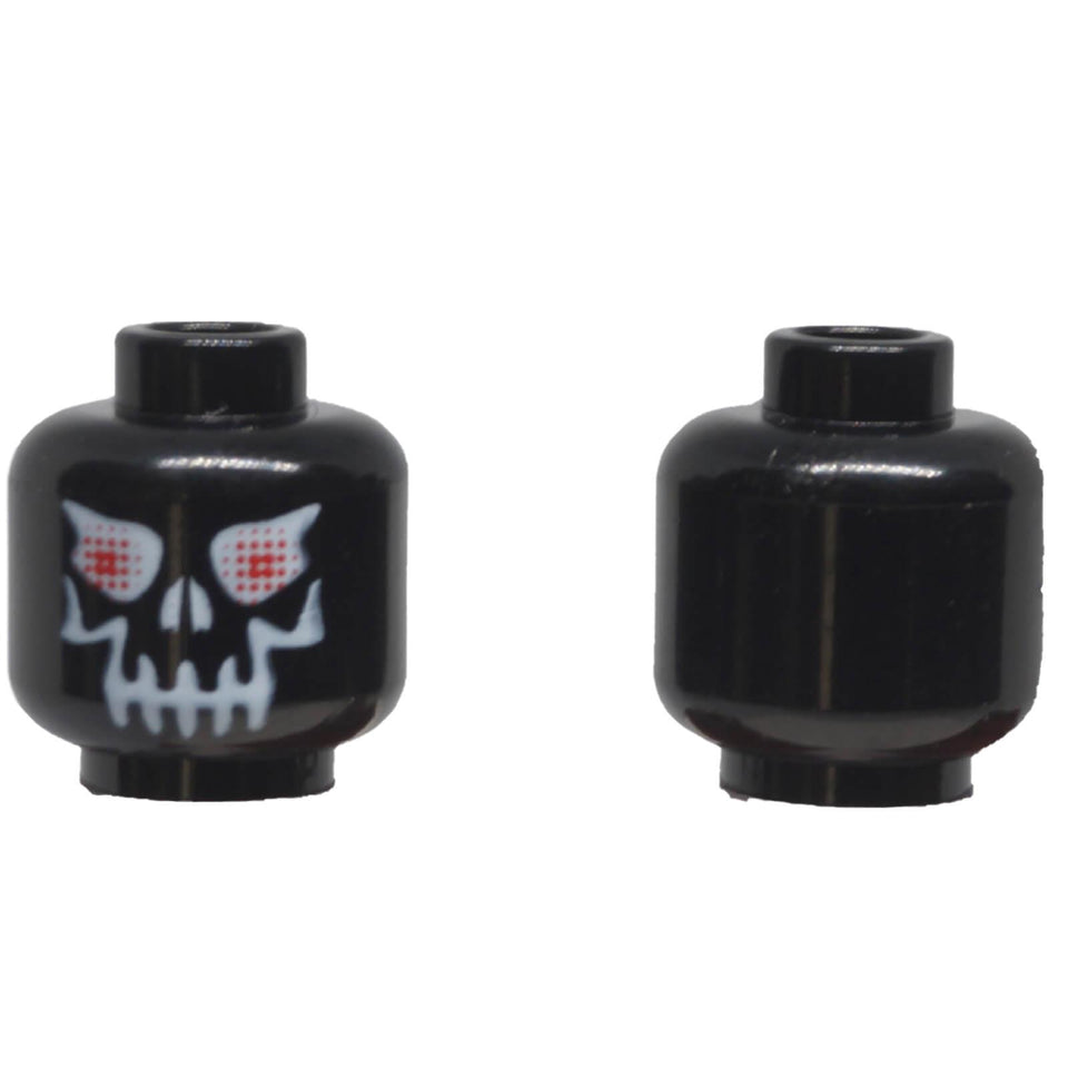 LEGO® black minifigure head 3626pb0233 with white skull print and red eyes.