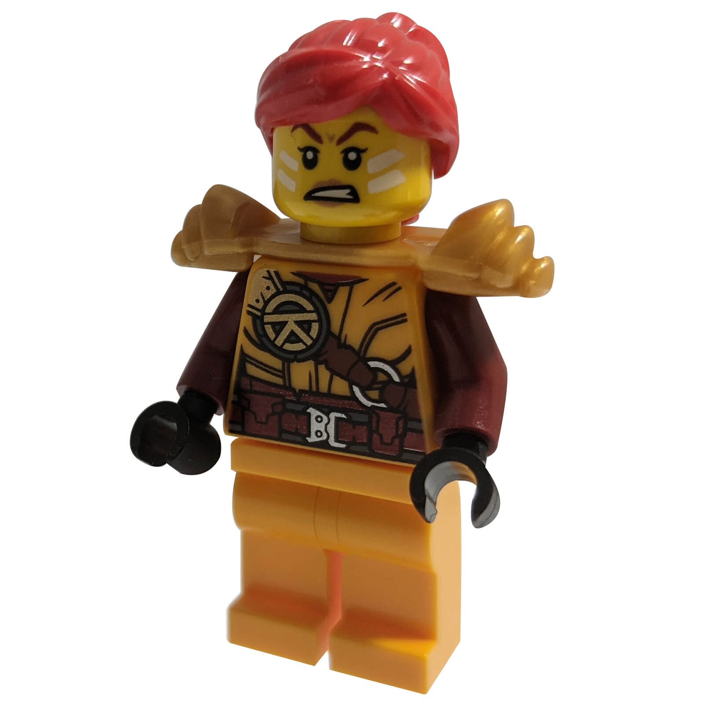 LEGO® Minifigure NINJAGO Skylor Armor Crystallized njo0773 avec armure d'épaule en or perlé et vue de face du costume orange.