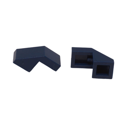Dark blue LEGO® slope 45 2x1 with cutout without stud part 28192 angled profile detail close-up view