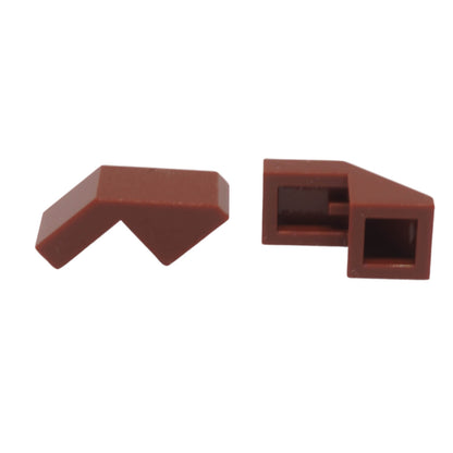 Reddish brown LEGO® slope 45 2x1 with cutout without stud part 28192 angled profile detail close-up view