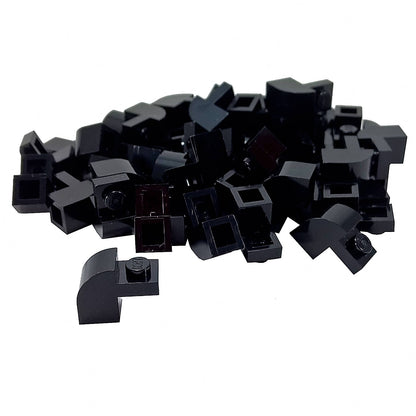 Black curved slope 2x1x1 1/3 with recessed stud, smooth angled element for detailed shaping and contours
