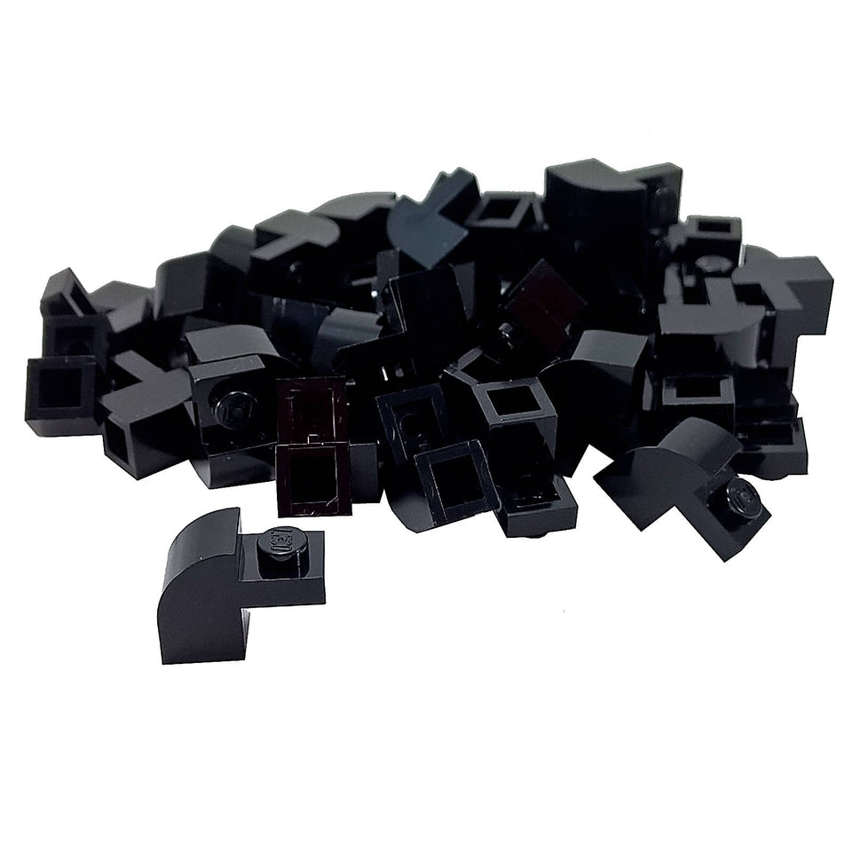 Black curved slope 2x1x1 1/3 with recessed stud, smooth angled element for detailed shaping and contours
