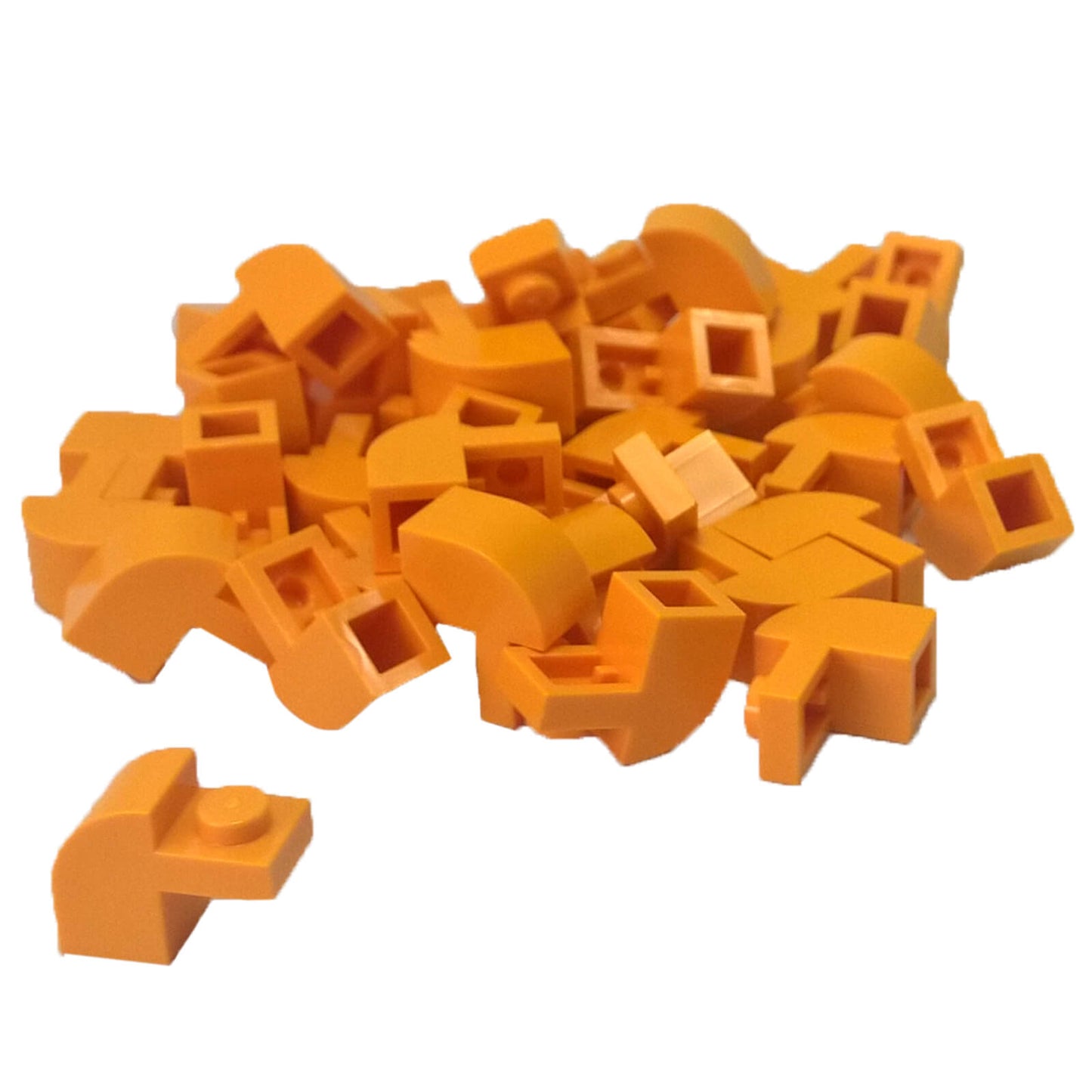 Bright light orange curved slope 2x1x1 1/3 with recessed stud, smooth angled element for detailed shaping and contours
