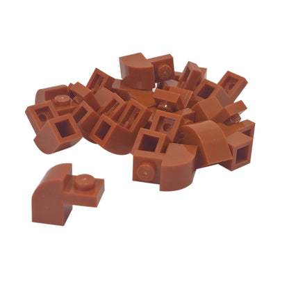 Dark orange curved slope 2x1x1 1/3 with recessed stud, smooth angled element for detailed shaping and contours
