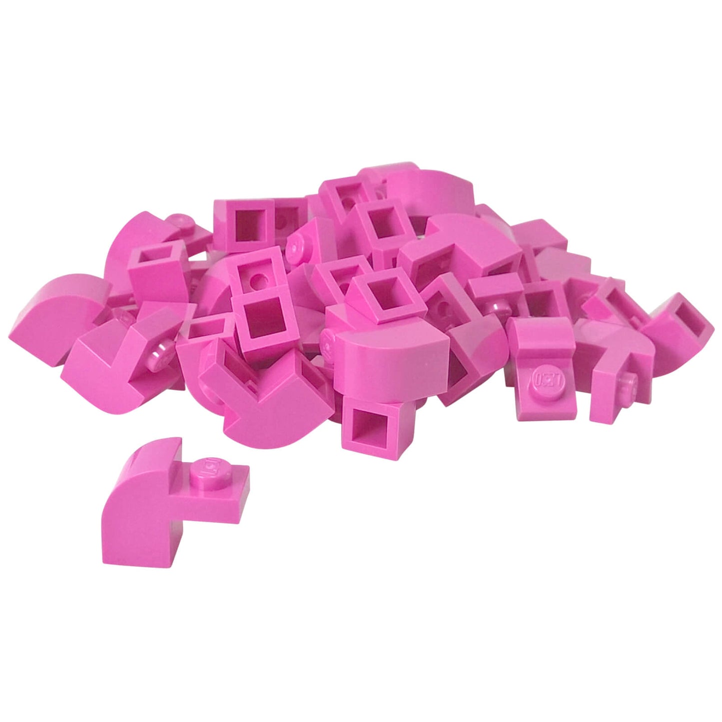 Dark pink curved slope 2x1x1 1/3 with recessed stud, smooth angled element for detailed shaping and contours
