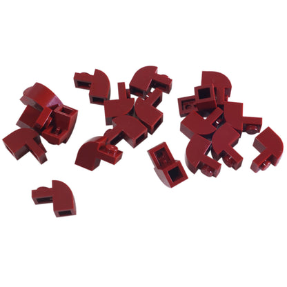 Dark red curved slope 2x1x1 1/3 with recessed stud, smooth angled element for detailed shaping and contours
