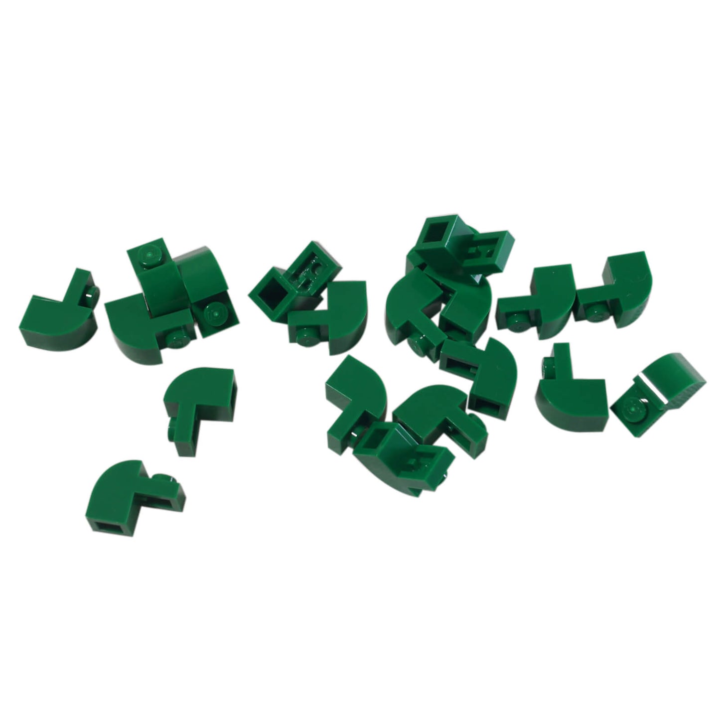 Green curved slope 2x1x1 1/3 with recessed stud, smooth angled element for detailed shaping and contours
