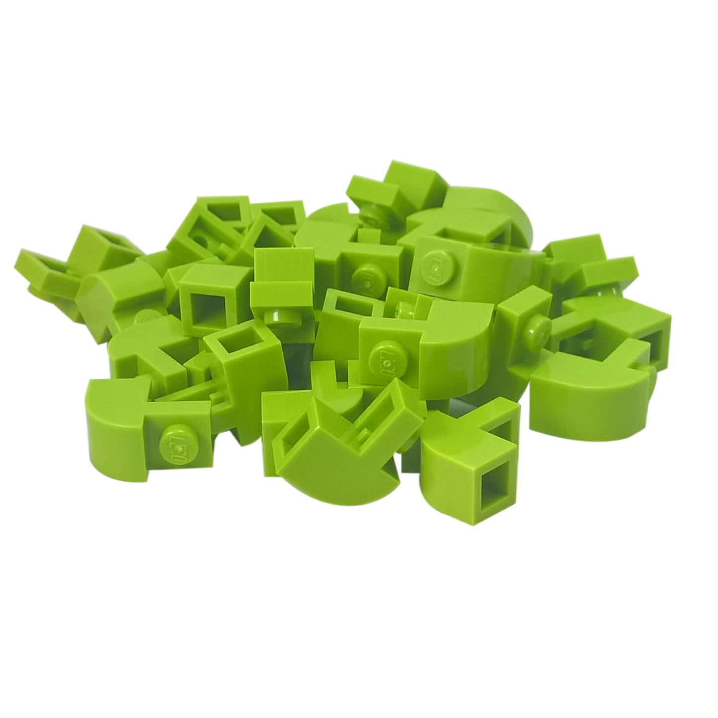 Lime curved slope 2x1x1 1/3 with recessed stud, smooth angled element for detailed shaping and contours

