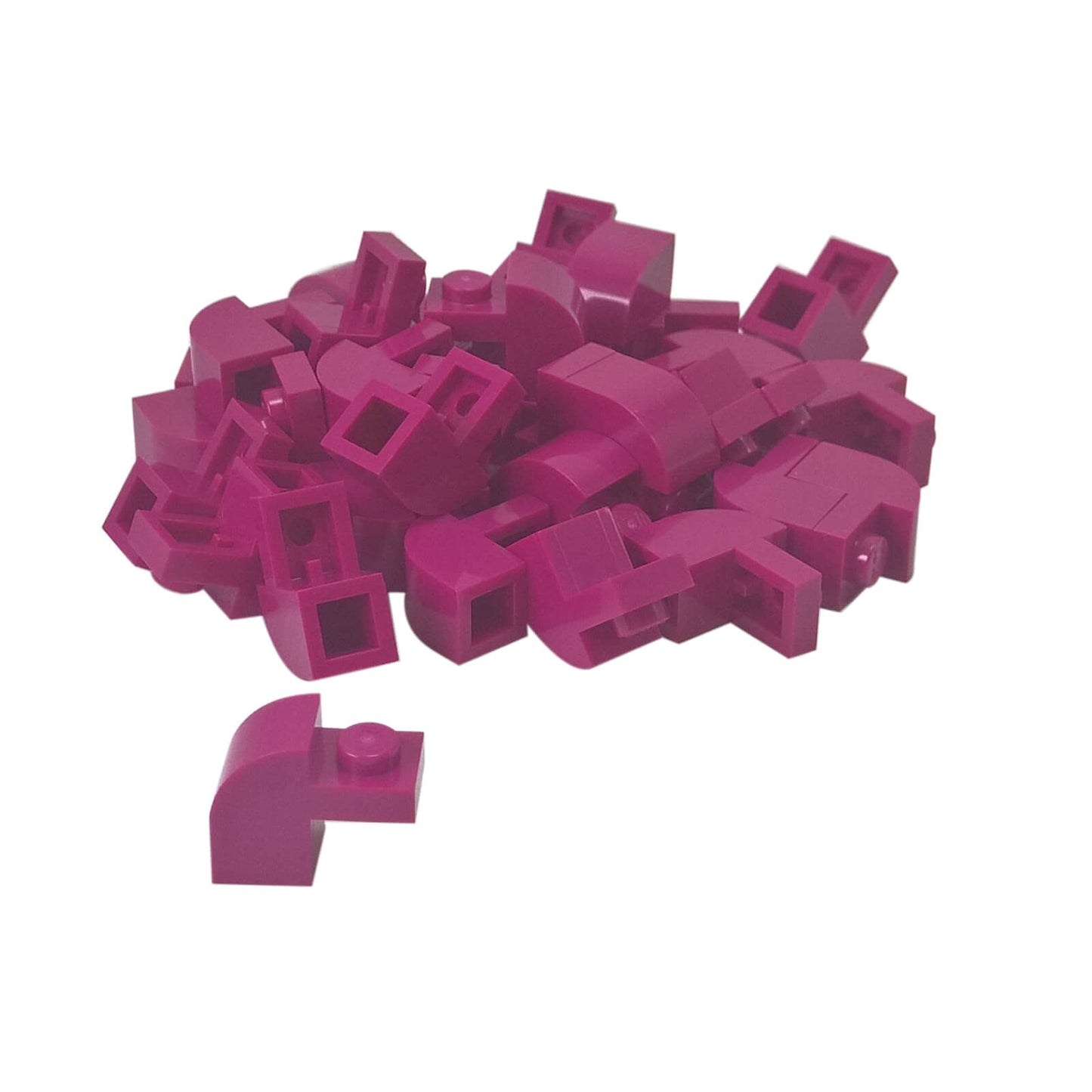 Magenta curved slope 2x1x1 1/3 with recessed stud, smooth angled element for detailed shaping and contours

