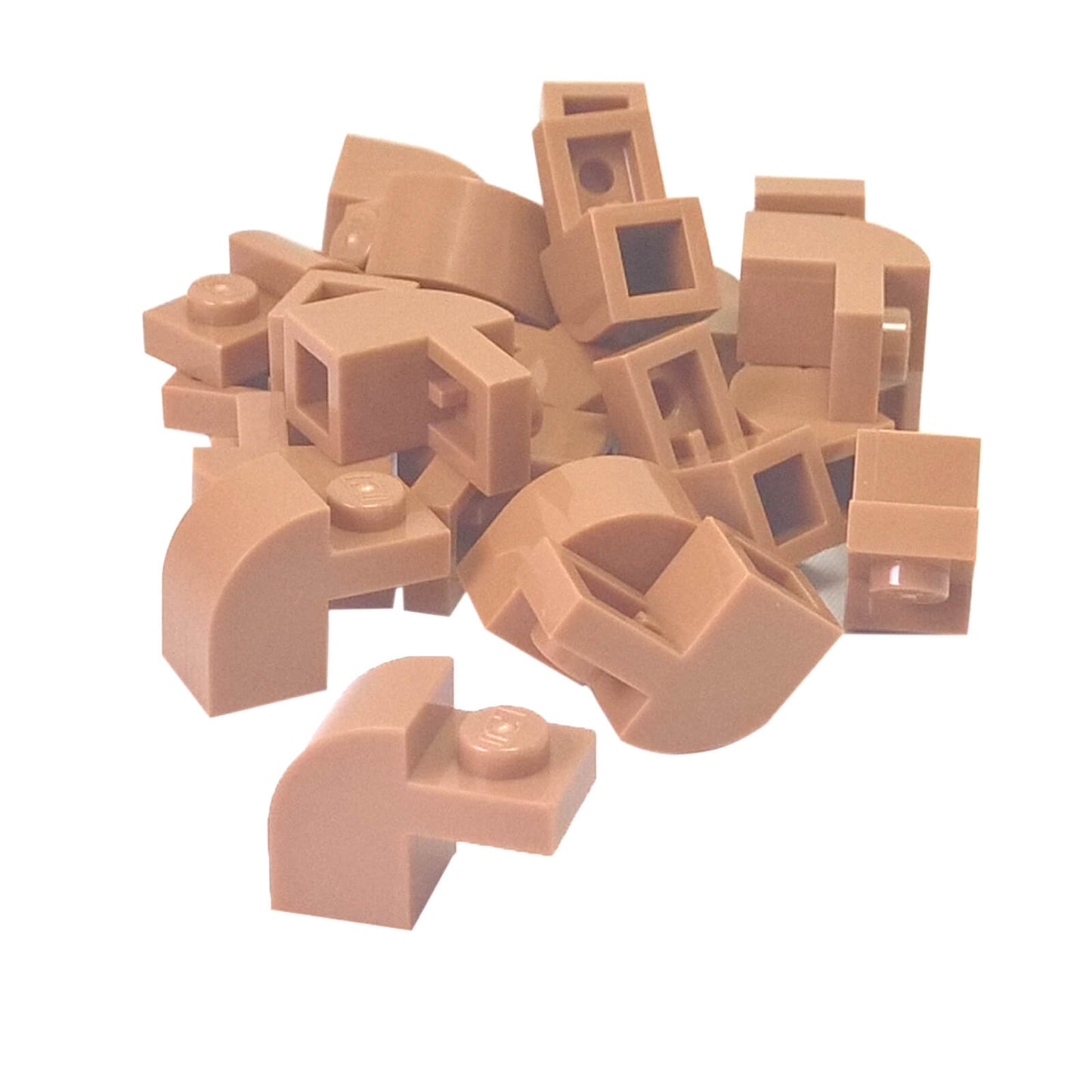 Medium nougat curved slope 2x1x1 1/3 with recessed stud, smooth angled element for detailed shaping and contours
