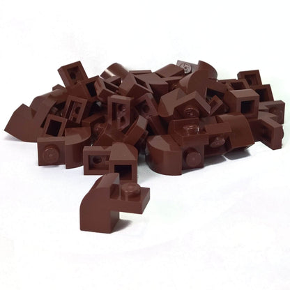 Reddish brown curved slope 2x1x1 1/3 with recessed stud, smooth angled element for detailed shaping and contours
