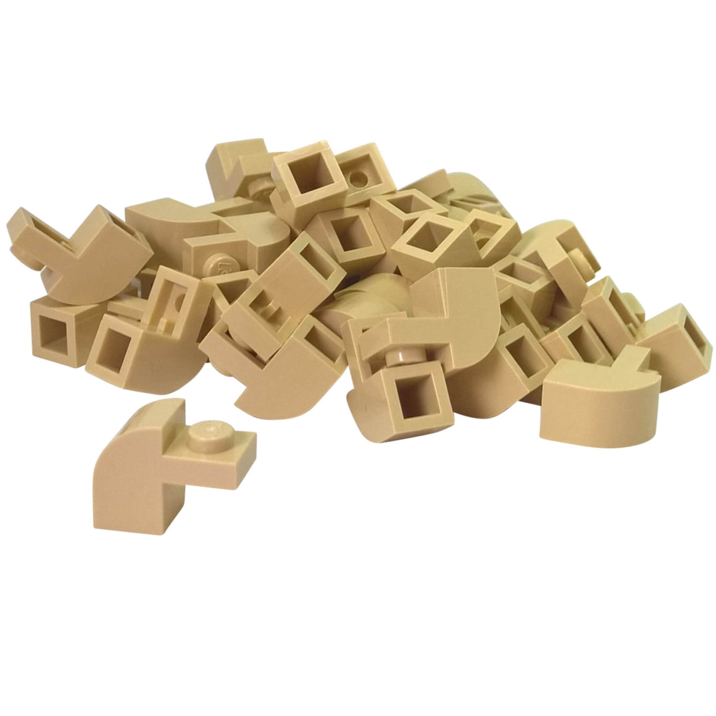 Tan curved slope 2x1x1 1/3 with recessed stud, smooth angled element for detailed shaping and contours
