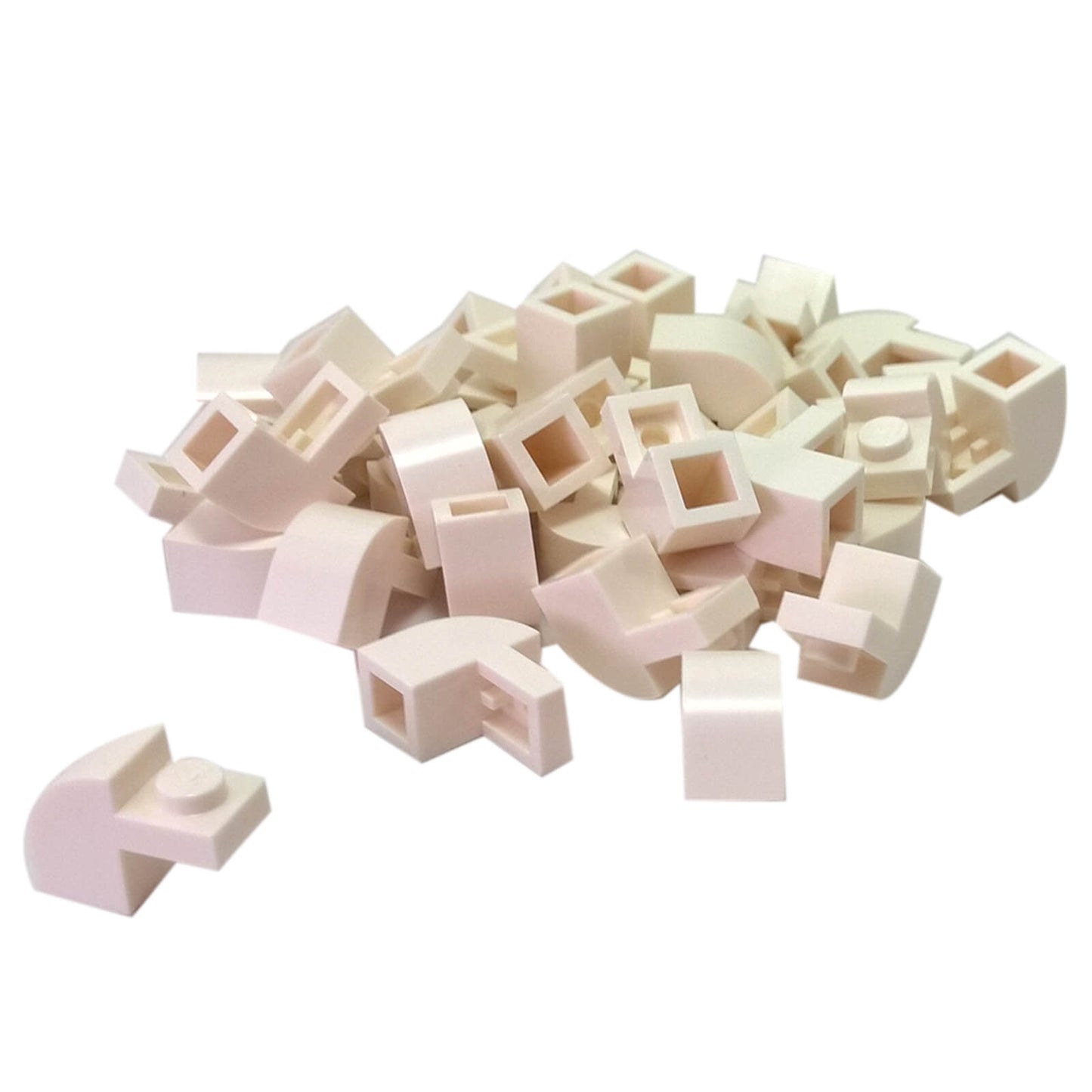White curved slope 2x1x1 1/3 with recessed stud, smooth angled element for detailed shaping and contours
