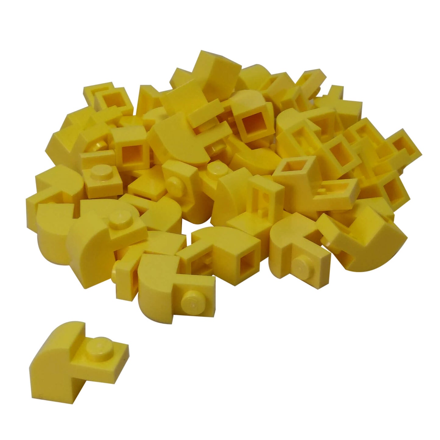 Yellow curved slope 2x1x1 1/3 with recessed stud, smooth angled element for detailed shaping and contours
