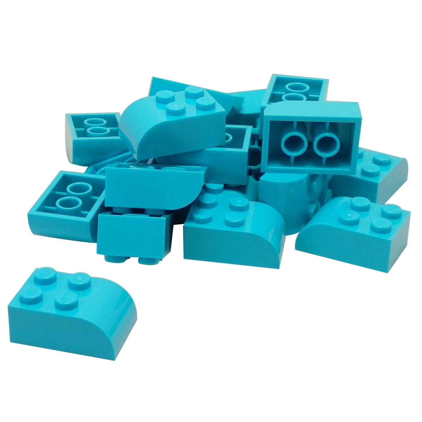 Mittel Azur LEGO® gebogene Neigung 3x2 mit vier Noppen Teil 6215 glatte abgerundete Oberseite Nahaufnahme