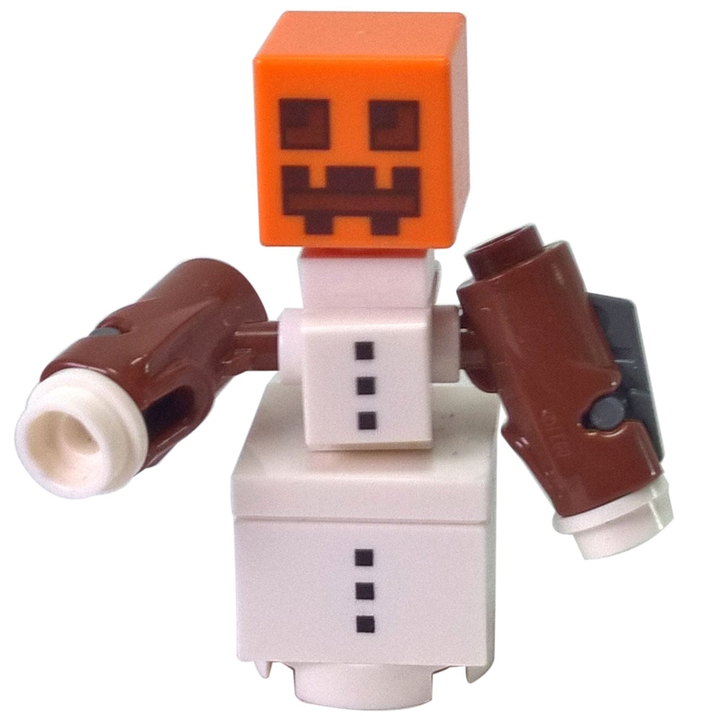 LEGO minifigure representing a Snow Golem from the Minecraft game, featuring a pumpkin head and a snow block body with posable arms.