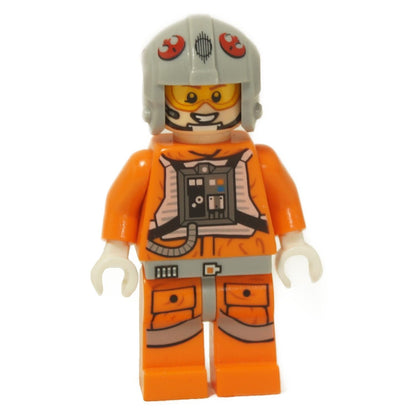 LEGO® Star Wars Snowspeeder Pilot minifigure with light bluish gray helmet, orange flight suit and smiling face print close-up view