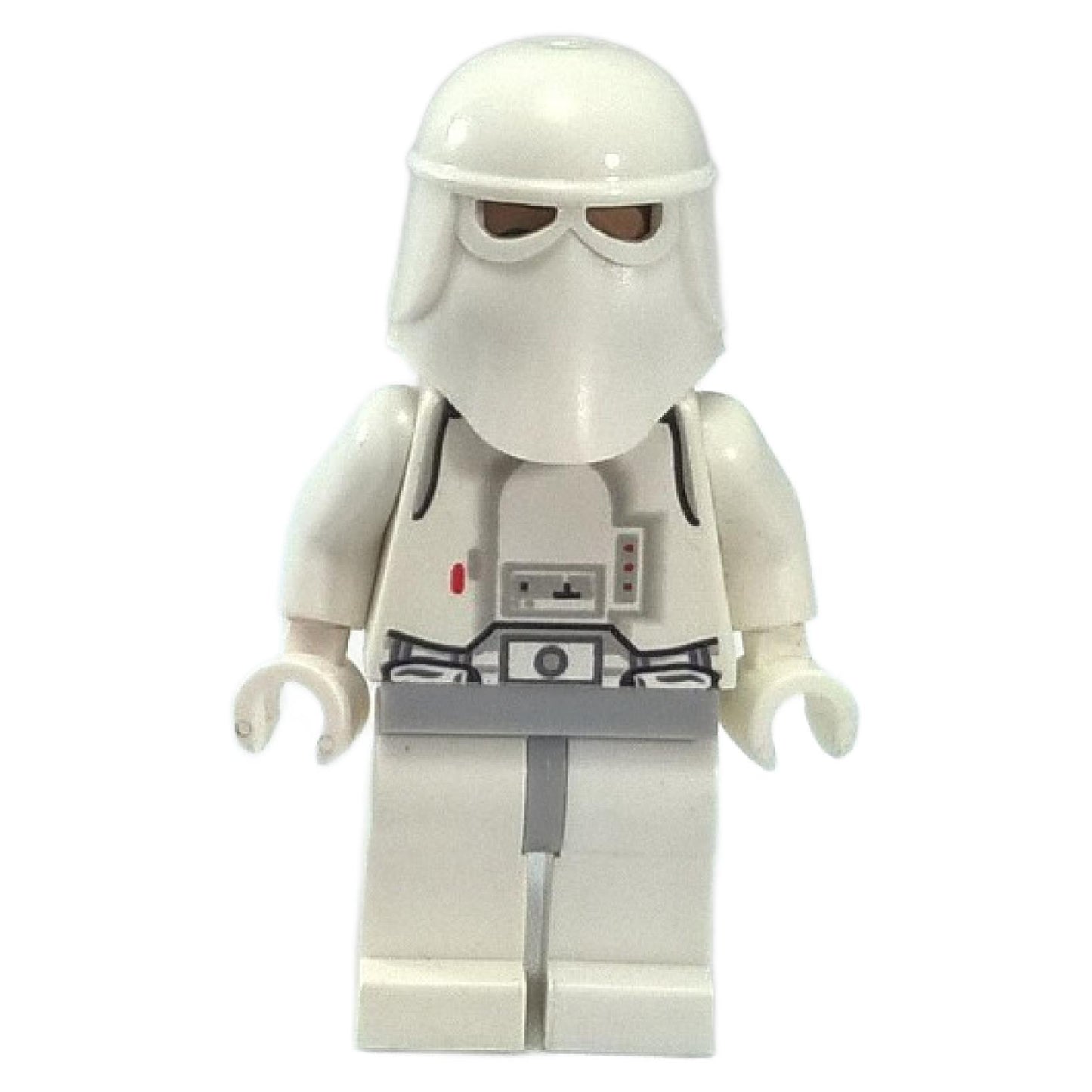 Minifigura de Snowtrooper vista frontal con caderas gris claro, manos blancas y cabeza impresa debajo del casco
