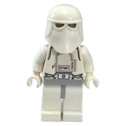 Minifigura de Snowtrooper vista frontal con caderas gris claro, manos blancas y cabeza impresa debajo del casco
