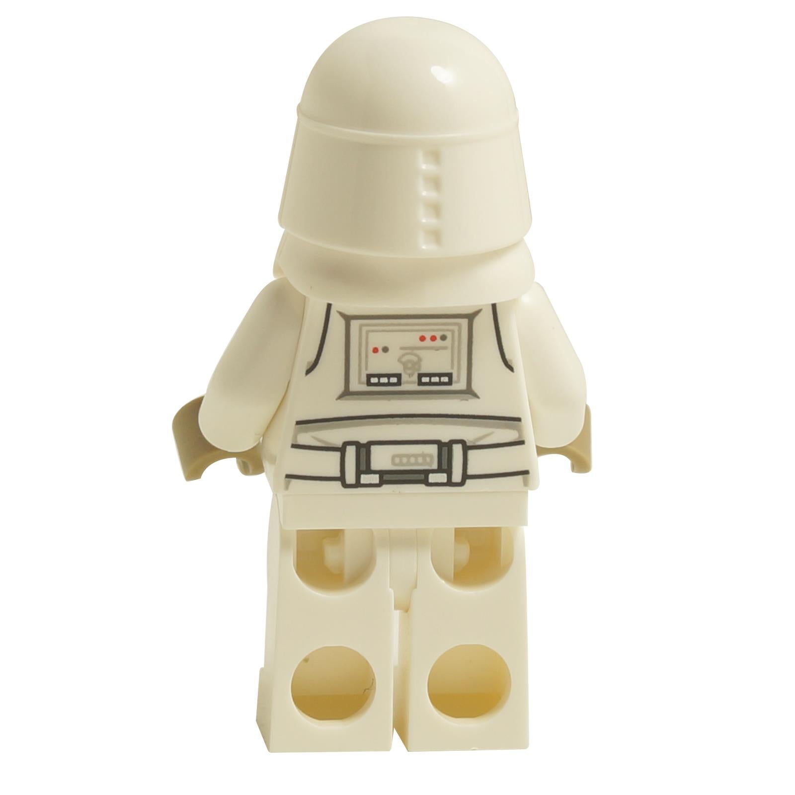 Back view of LEGO® Snowtrooper minifigure sw1178 with printed legs, dark tan hands and white snowtrooper helmet from Star Wars