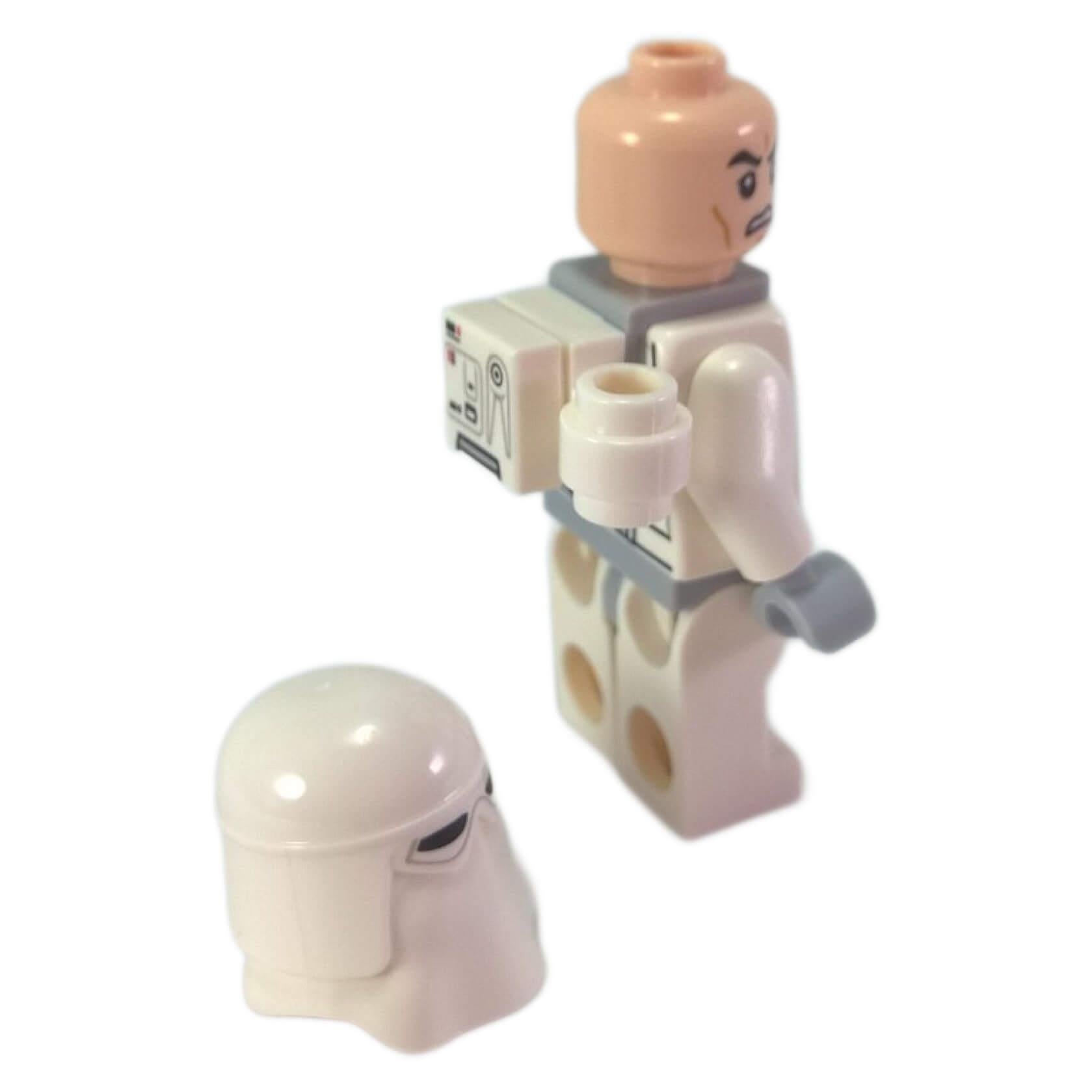 side view of LEGO Star Wars Snowtrooper minifigure with white cold weather armor helmet removed and backpack gear sw0764
