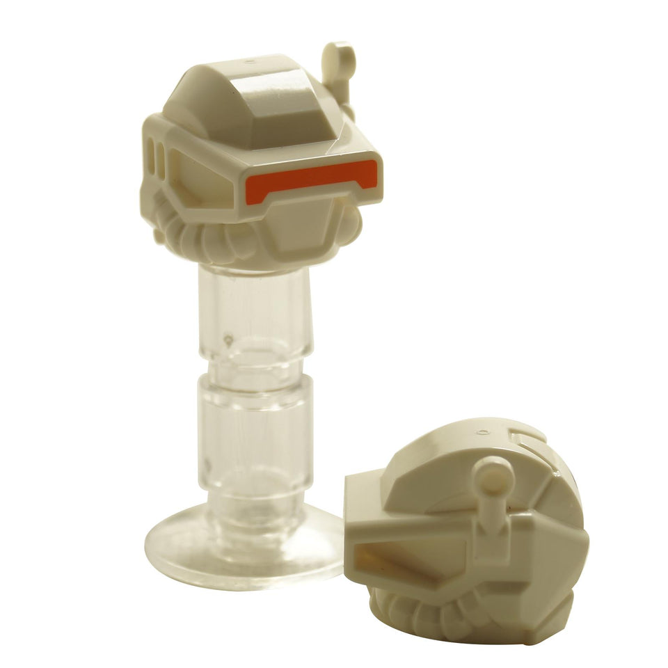 A white space helmet with a closed visor, breathing tubes, and an antenna with an orange lens for minifigures, designed for playsets and dioramas.