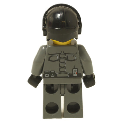 Back view of Space Police 3 Officer 1 minifigure 5969 with dark gray uniform print, utility details, and black helmet