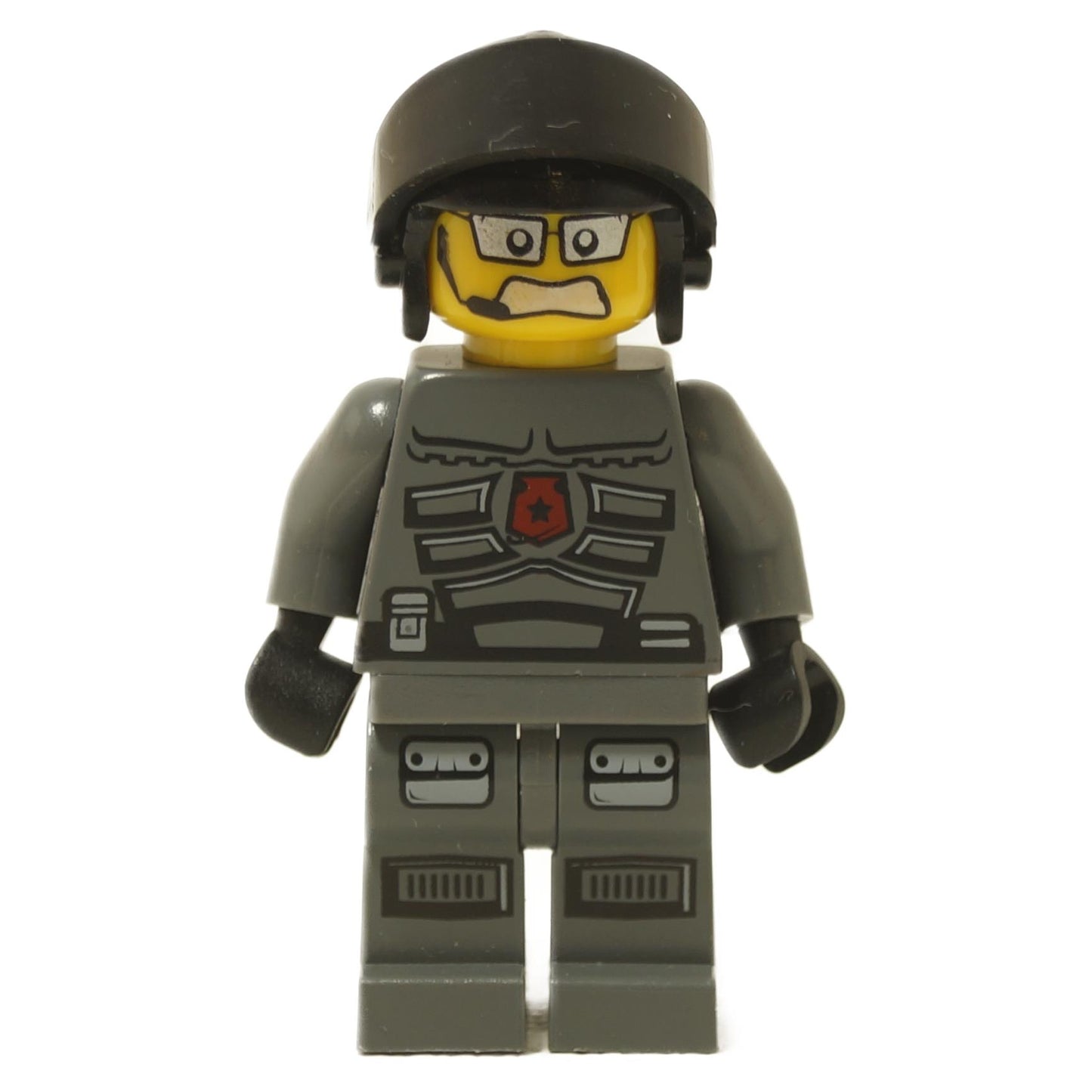 Space Police 3 Officer 1 minifigure 5969 with dark gray uniform, printed armor details, black helmet, and stern facial expression