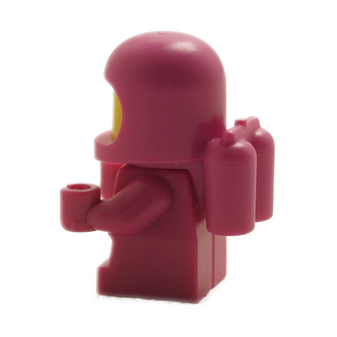 Back view of LEGO® Spacebaby Classic Space minifigure col442 with dark pink space suit, helmet and airtank backpack