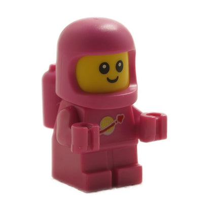 A dark pink LEGO minifigure of a spacebaby with a helmet and oxygen tank, featuring the classic space logo.
