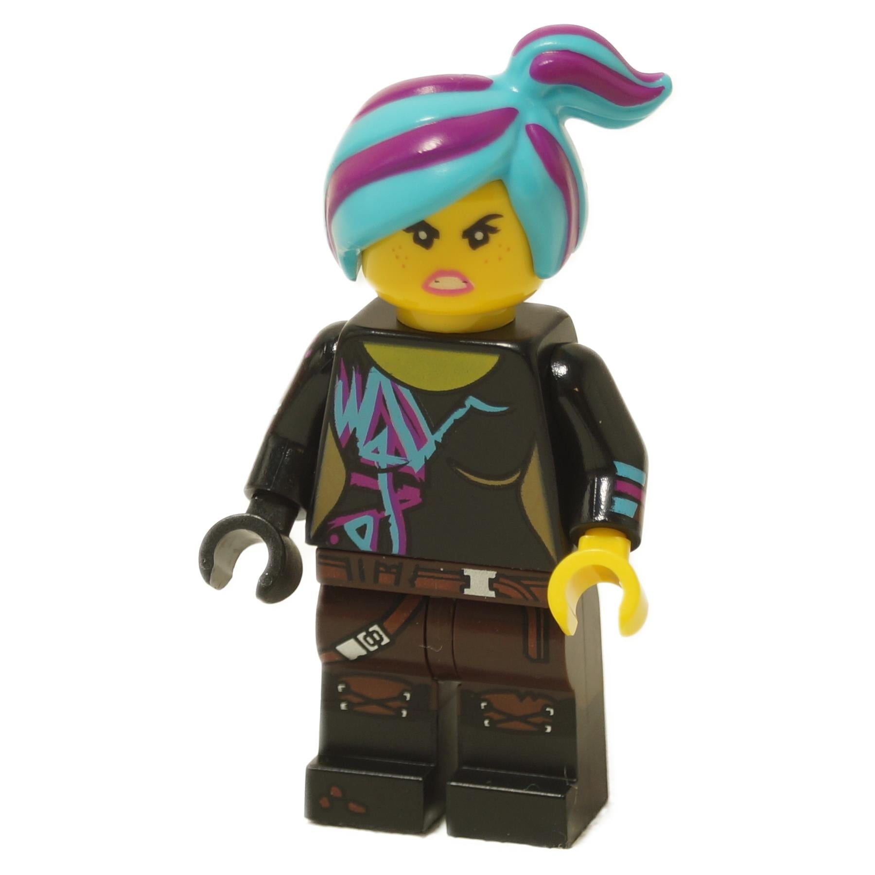 Sparkle Rinse Lucy minifigure with turquoise and purple hair and angry expression
