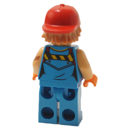 Sparkplug LEGO® Fortnite minifigure (fort014) back view showing red cap, blond hair, and printed tattoo arm detail
