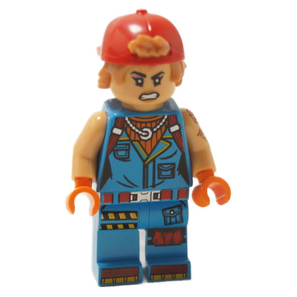 Sparkplug LEGO® Fortnite minifigure (fort014) front view with red cap, blue mechanic outfit print, and angry face
