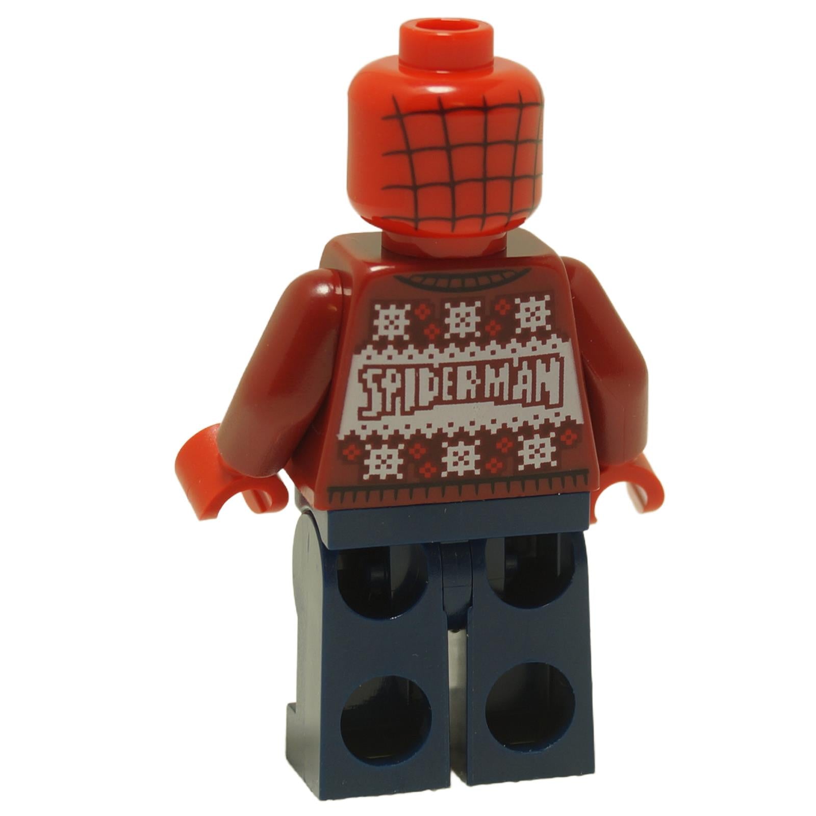 Back view of LEGO® Spider-Man minifigure sh0905 wearing a festive Christmas sweater with spider emblem and holiday pattern

