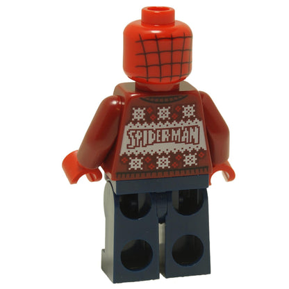 Back view of LEGO® Spider-Man minifigure sh0905 wearing a festive Christmas sweater with spider emblem and holiday pattern

