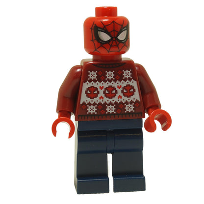 LEGO Spider-Man minifigure wearing a Christmas sweater with a patterned design