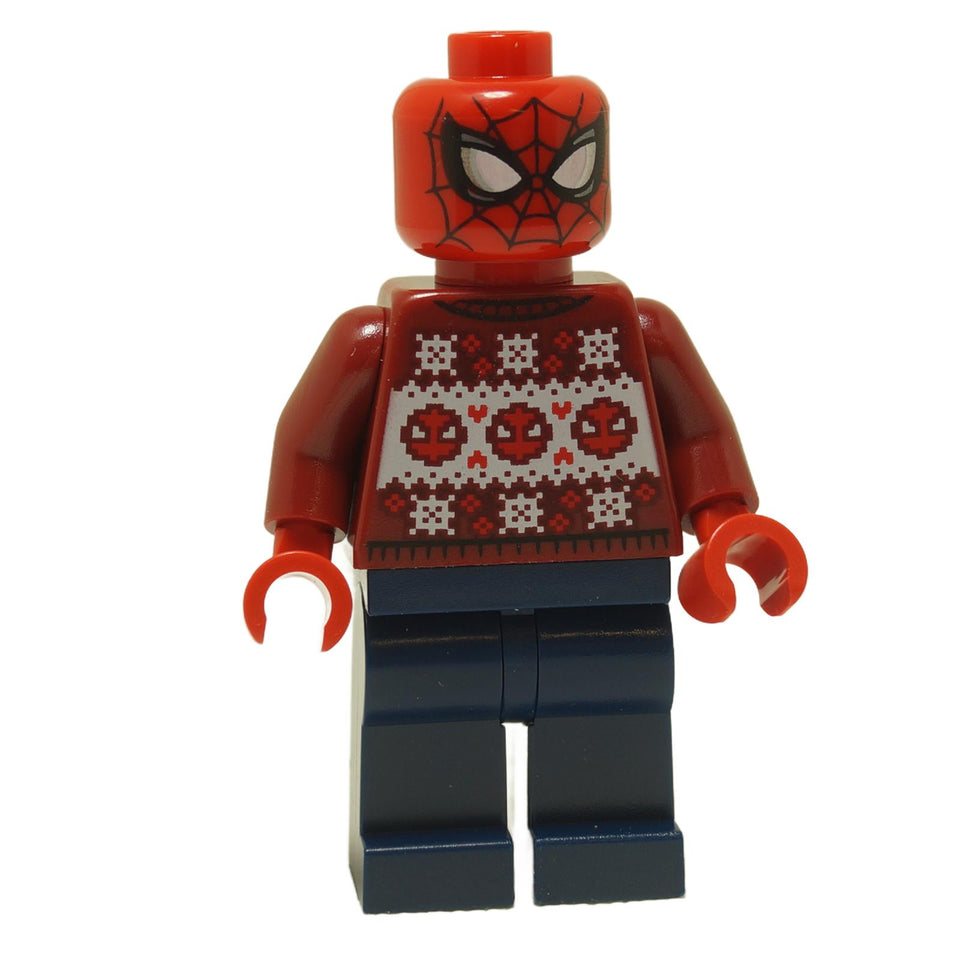 LEGO Spider-Man minifigure wearing a Christmas sweater with a patterned design