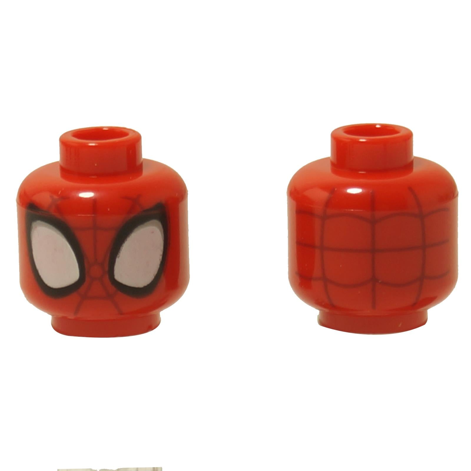 Red Spider-Man minifigure head with black web lines and large white eye lenses
