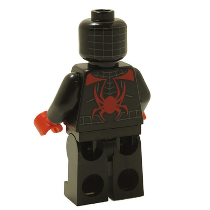 Back view of LEGO® Spider-Man Miles Morales minifigure sh0855 with black suit and red spider emblem on the back
